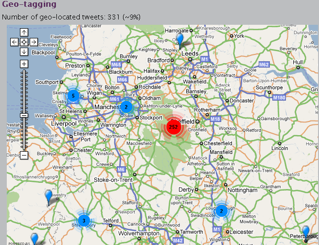 Geo-location details of tweets from the north of England